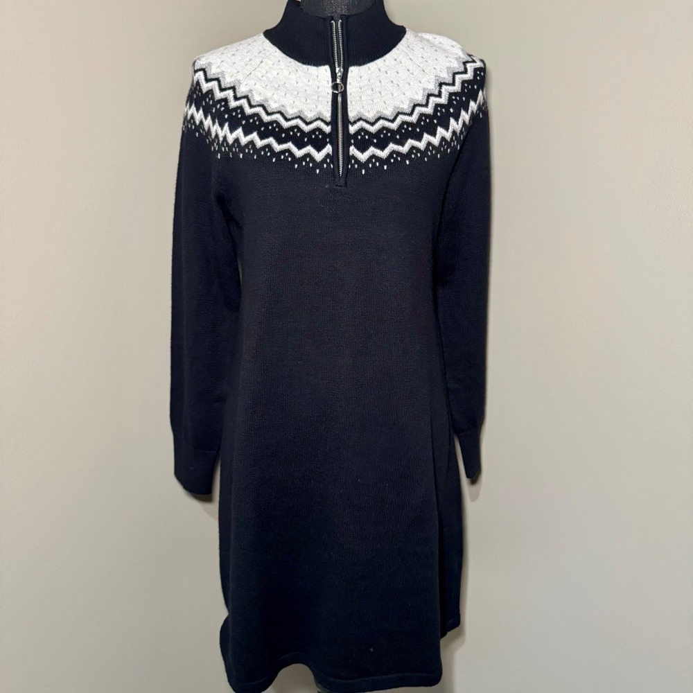 Talbots Petite Medium Black White Fair Isle Quarter Zip Sweater Dress NWT